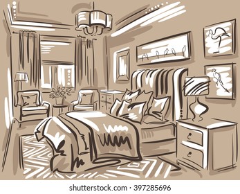 Interior design of the classic bedroom with double bed, luster and pictures on the wall. Hand drawn sketch.