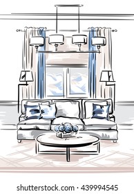 Interior design of the classic living room with sofa, coffee table and flowers. Hand drawn sketch. American style.