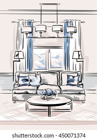 Interior design of the classic living room with sofa, coffee table and flowers. Hand drawn sketch. American style.