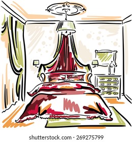 Interior design of the classic red bedroom with double bed. Hand drawn sketch.