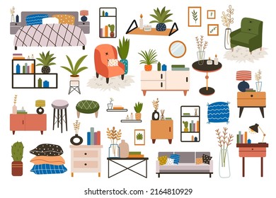 Interior design collection. Modern furniture elements set with sofa, chairs and lamps. Trendy living room, bedroom and office furnishings. Vector illustration