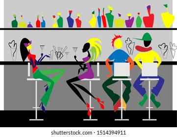 Interior design cololrful vector illustration. Bar scene, party time