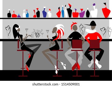 Interior design cololrful vector illustration. Bar scene, party time.