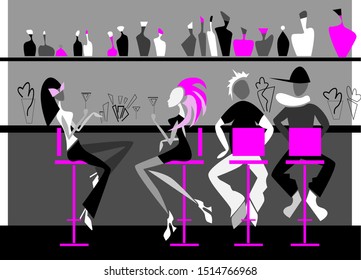 Interior design cololrful vector illustration. Bar scene, party time