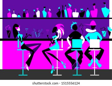 Interior design cololrful vector illustration. Bar scene, party time.