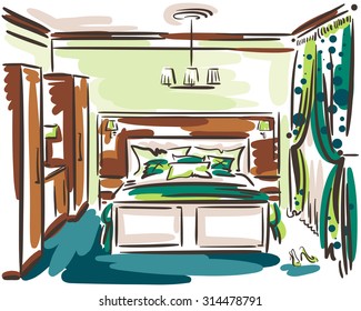 Interior design of the colored contemporary bedroom with double bed, wardrobe and blinds. Hand drawn sketch of a hotel room.