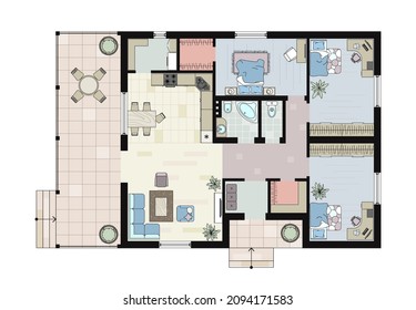 Interior design colored floor plan top view. Architectural plan of a house with furniture. Vector Layout from above of the apartment. Graphic design elements. Vector interior house, blueprint