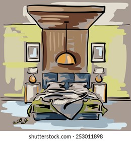 Interior design of the colorful bedroom with double bed. Hand drawn sketch.