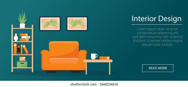 Interior design concept, banner or background. Armchair, bookshelf and pictures on the wall in flat style. Vetor illustration.