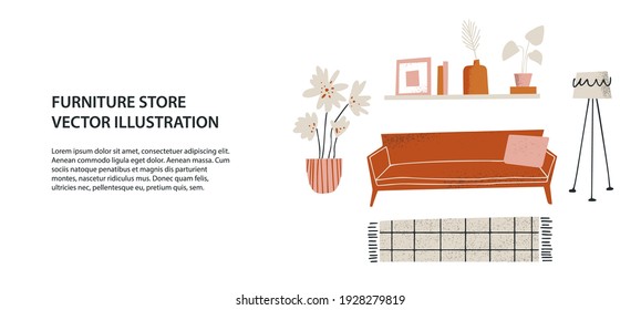 Interior design concept. Furniture store banner template. Living room furniture set including sofa, floor lamp, bookshelf, rug and home plants. Home decor and accessories vector illustration