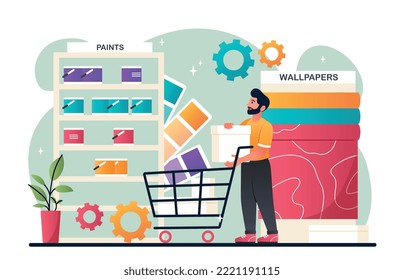 Innendesign-Konzept. Der Mann mit dem Warenkorb im Supermarkt wählt Farbe für Haus. Charakteristisch ist die Renovierung von Wohnung oder Zimmer, die Renovierung des Gebäudes. Käufer im Geschäft. Cartoon-Flavektor-Vektorgrafik