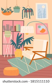 Innendesign-Konzept mit modernem Wohnzimmer mit bequemem Stuhl und Lampe in gedämpften Farben, farbige Vektorgrafik