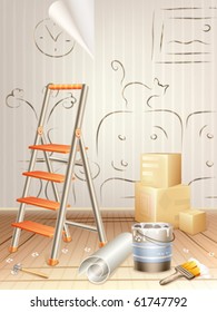 Interior design concept â?? room cluttered with building tools and a sketch drawn on the wall