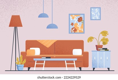 Interior design concept. Stylish and modern furniture. Sofa with picture, room decoration. Poster or banner for website. Lamps and wardrobe, fashion and trend. Cartoon flat vector illustration