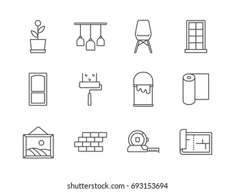 Interior design and construction related line icons set with decoration tools, and equipment.