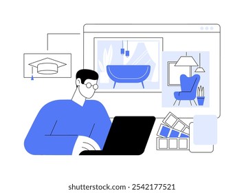 Curso de design de interiores ilustrações isoladas de vetor de desenhos animados. Homem leva aulas de design de interiores on-line de casa, escolhendo a melhor cor, aprendizagem remota, oficina de decoração vetor cartoon.