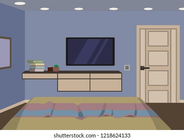 Interior design of a cozy bedroom with a large plasma TV. Vector illustration of flat style.