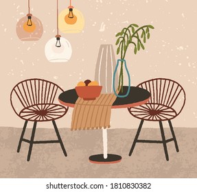 Interior design of cozy dining room with modern furniture and lamps above round table with vases and tablecloth on it. Flat vector textured illustration of hygge home decor in scandinavian style