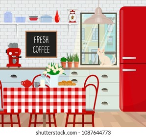 Interior design is a cozy kitchen. A window with a city landscape, a cat on the windowsill. Vector flat illustration.