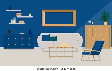 Interior design of a cozy living room with stylish furniture. Vector flat illustration.