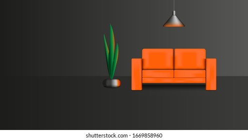 Interior design of a dark lounge with furniture realistic vector illustration, an orange sofa with a chandelier and a flowerpot with a flower, an advertising poster for a furniture salon.