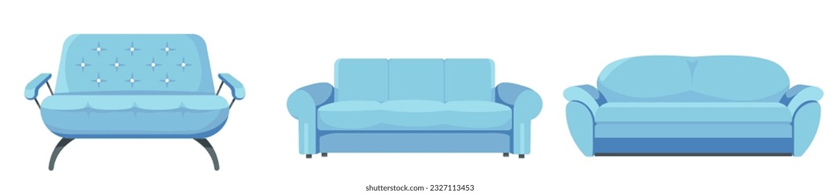 Decoración y decoración, sofá moderno aislado con cojines mullidos, almohadas y piernas. Mobiliario minimalista para dormitorio o salón, asientos para apartamento o casa. Vector de estilo plano