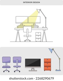 interior design , desk design , flat line graphic image concept, Vector illustration