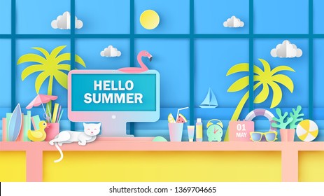 Interior design for desk on summer with sea view outside the window and lettering Hello Summer on monitor. paper cut and craft style. vector, illustration.