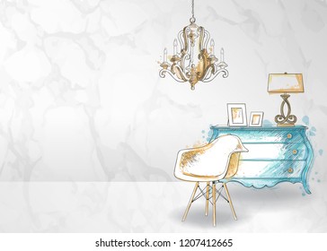 interior design detail room, apartment, sketch hand drawn vector