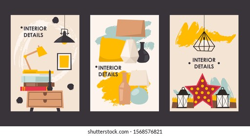 Interior design details, set of banners, vector illustration. Flat style poster for furniture store, online shopping for home decoration. Interior shop advertisement flyer, modern and cozy apartment