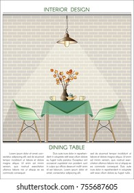 Interior design of the dining room illustration. Vector drawing of a dining group on grey brick wall. 