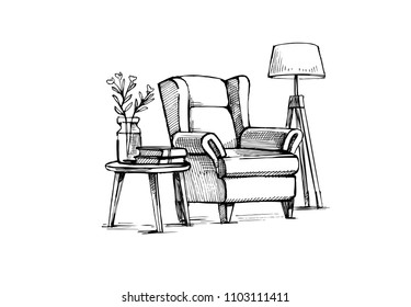 Interior Design Doodle. Hand Drawn Vector Sketch