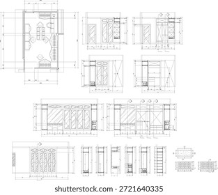 Dibujo de diseño interior del vestidor con detalles de muebles ampliados, incluidos el Plan del piso, la sección y la elevación