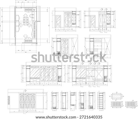 Interior Design Drawing of Dressing Room with Enlarged Furniture Details, Including Floor Plan, Section, and Elevation