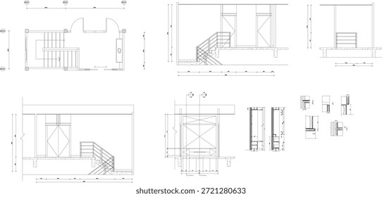 Dibujo del diseño interior del pasillo de la escalera y del gabinete incorporado de la exhibición de la pared