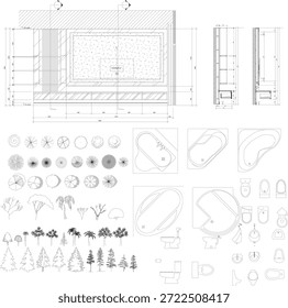 Interior Design Drawing of TV Cabinet Elevation with Shelving, Section Details, Drafting Equipment, Indoor Plant, and Bathroom Elements