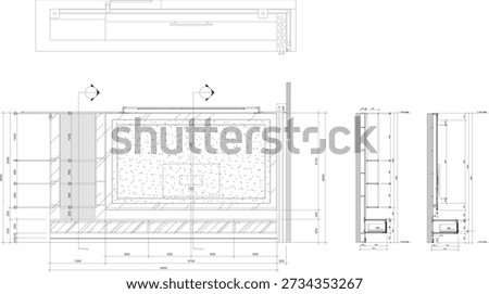Interior Design Drawing of TV Cabinet and Display Shelves for Living Room and Family Room with Construction