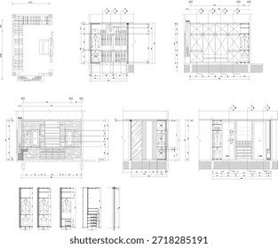 Interior Design Drawing of Walk-in Closet with Wardrobe Layout and Construction Section