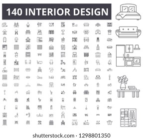 Interior design editable line icons, 100 vector set, collection. Interior design black outline illustrations, signs, symbols