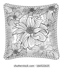 Interior design element: Decorative pillow with patterned pillowcase (floral pattern - black and white Dahlia flowers). Isolated on white. Vector illustration.