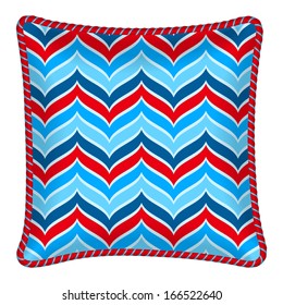 Interior design element: Decorative pillow with patterned pillowcase (coorful red and blue chevron pattern). Isolated on white. Vector illustration.