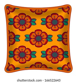 Interior design element: Decorative pillow with patterned pillowcase (abstract flowers pattern on bright orange background). Isolated on white. Vector illustration.