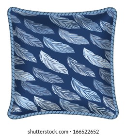 Interior design element: Decorative pillow with patterned pillowcase (light blue feathers on dark background). Isolated on white. Vector illustration.