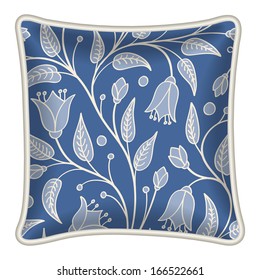 Interior design element: Decorative pillow with patterned pillowcase (natural floral pattern on dark blue background). Isolated on white. Vector illustration.