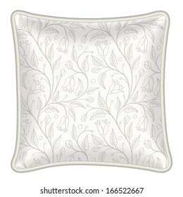 Interior design element: Decorative pillow with patterned pillowcase (tender floral pattern on silky background). Isolated on white. Vector illustration.