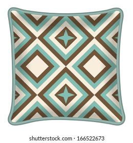 Interior design element: Decorative pillow with patterned pillowcase (abstract geometric pattern in mint and brown colors). Isolated on white. Vector illustration.