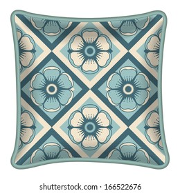 Interior design element: Decorative pillow with patterned pillowcase (teal fowers on diamond geometric background). Isolated on white. Vector illustration.