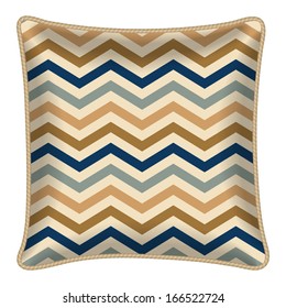 Interior design element: Decorative pillow with patterned pillowcase (chevron pattern). Isolated on white. Vector illustration.