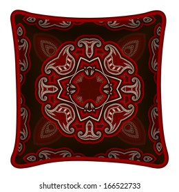 Interior design element: Decorative pillow with patterned pillowcase (traditional oriental pattern on dark background). Isolated on white. Vector illustration.