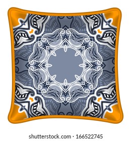 Interior design element: Decorative pillow with patterned pillowcase (traditional oriental pattern on dark background). Isolated on white. Vector illustration.
